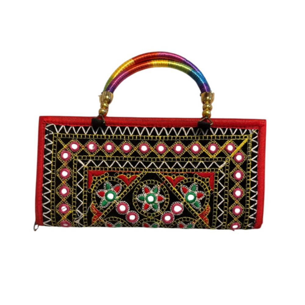 Silk Colorful Purse Small Black Red Embroidered Clutch